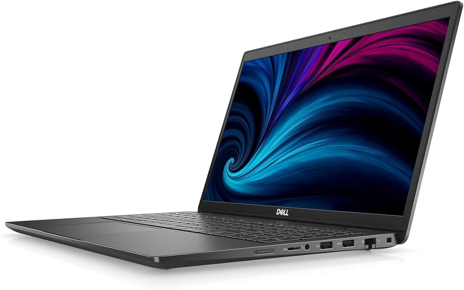 Dell business laptop with black keyboard and vibrant display, viewed from side angle