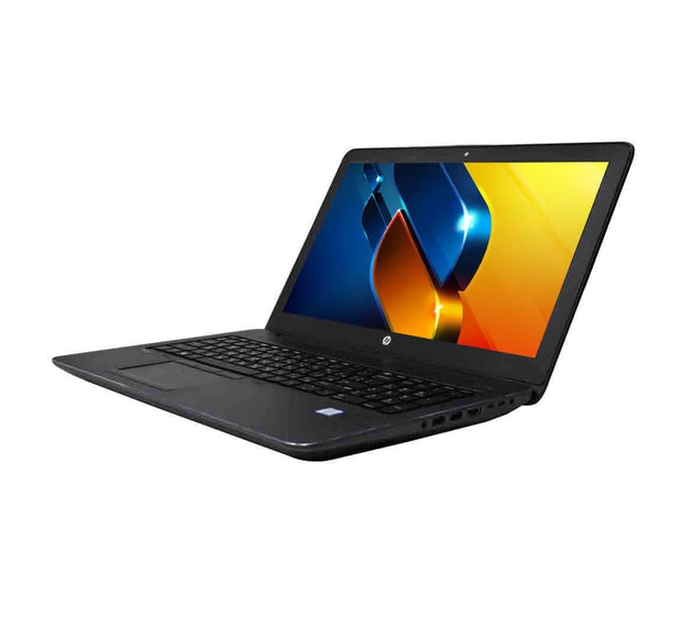 Black HP laptop with colorful screen, angled view, refurbished tech product