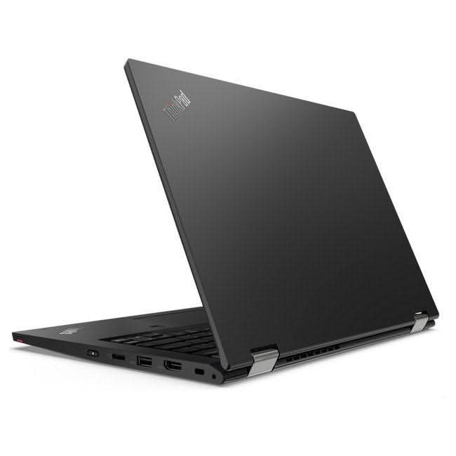 Refurbished Lenovo ThinkPad laptop partially open, black finish, rear side view