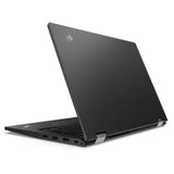 Refurbished Lenovo ThinkPad laptop partially open, black finish, rear side view