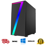 Gaming desktop PC with RGB LED front panel, shown with Windows 10, Fortnite, and Roblox icons