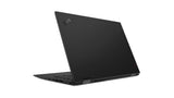 Black Lenovo ThinkPad X1 Carbon laptop angled open showing ports and branding