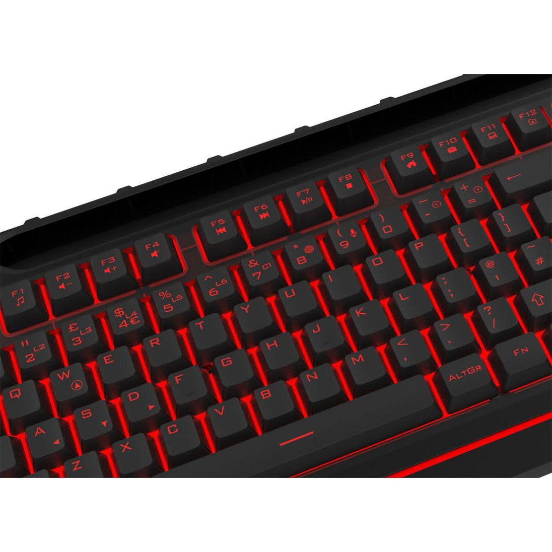 Close-up of a black mechanical keyboard with red LED backlighting and UK layout