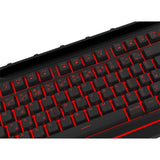 Close-up of a black mechanical keyboard with red LED backlighting and UK layout