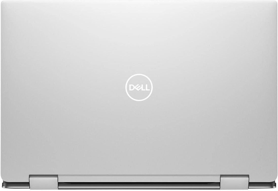 Silver Dell laptop closed, showing sleek design and Dell logo on lid