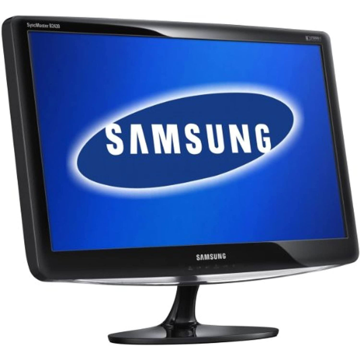Samsung SyncMaster B2030 widescreen computer monitor with blue display on stand