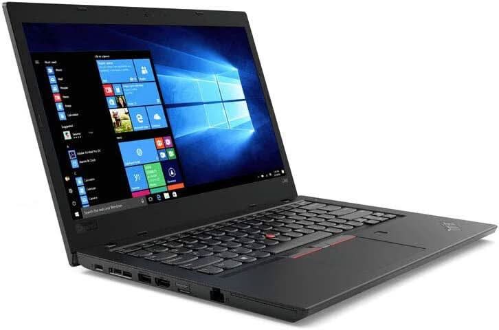 Refurbished black laptop with Windows 10 on screen, side ports visible, UK keyboard layout