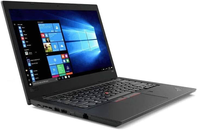Refurbished black laptop with Windows 10 on screen, side ports visible, UK keyboard layout