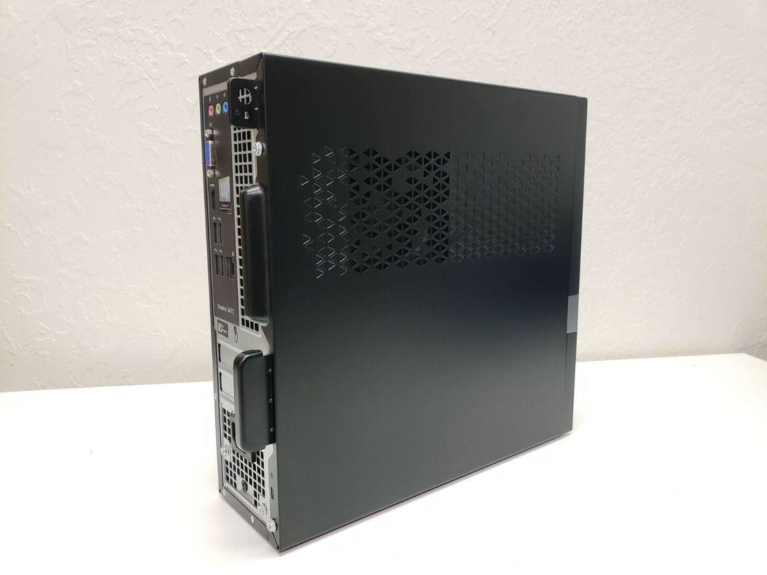 Refurbished black desktop computer tower with rear ports on white background