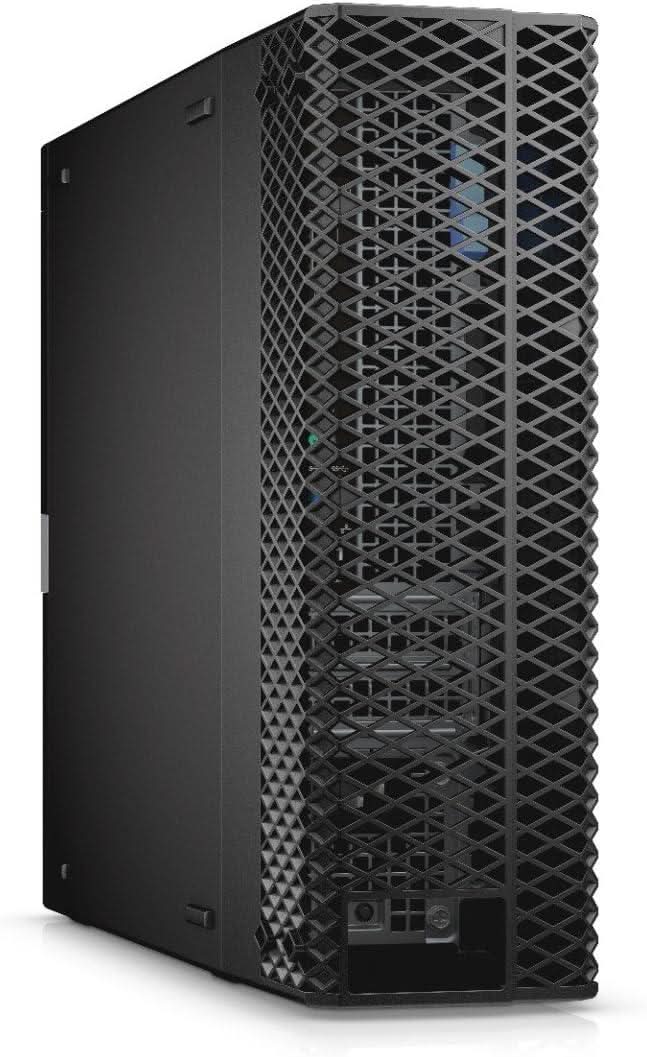 Refurbished desktop computer tower with black mesh front panel, angled view