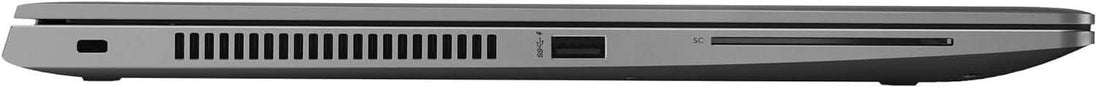 Side view of a grey refurbished laptop showing USB port, vents, and smart card slot