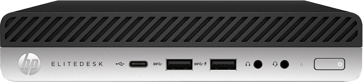 Front view of HP EliteDesk mini desktop with USB ports, audio jacks, and power button