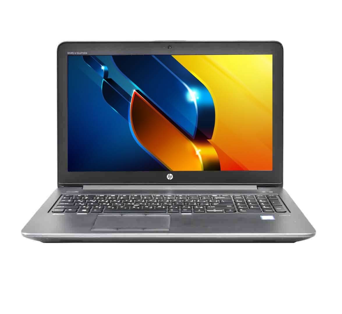 Refurbished HP laptop with colorful screen, professional keyboard, isolated on white background