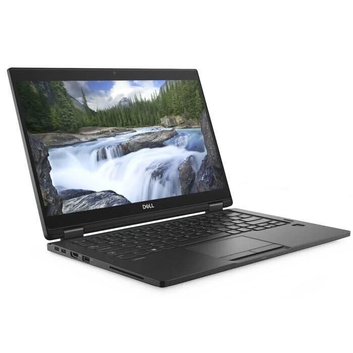 Refurbished Dell laptop with open screen displaying a nature landscape, black keyboard
