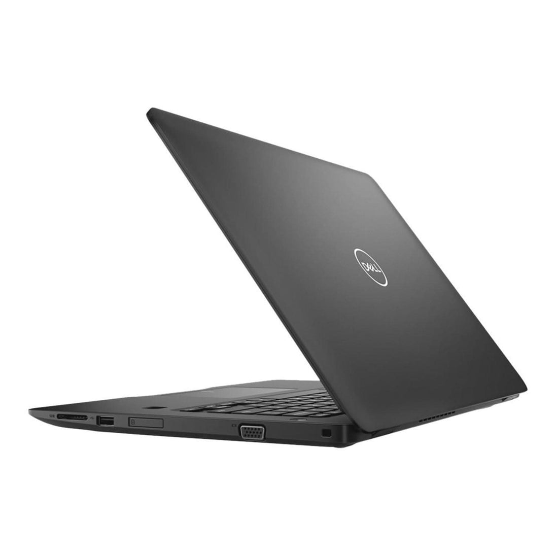 Open black Dell laptop with visible ports, angled on a white background