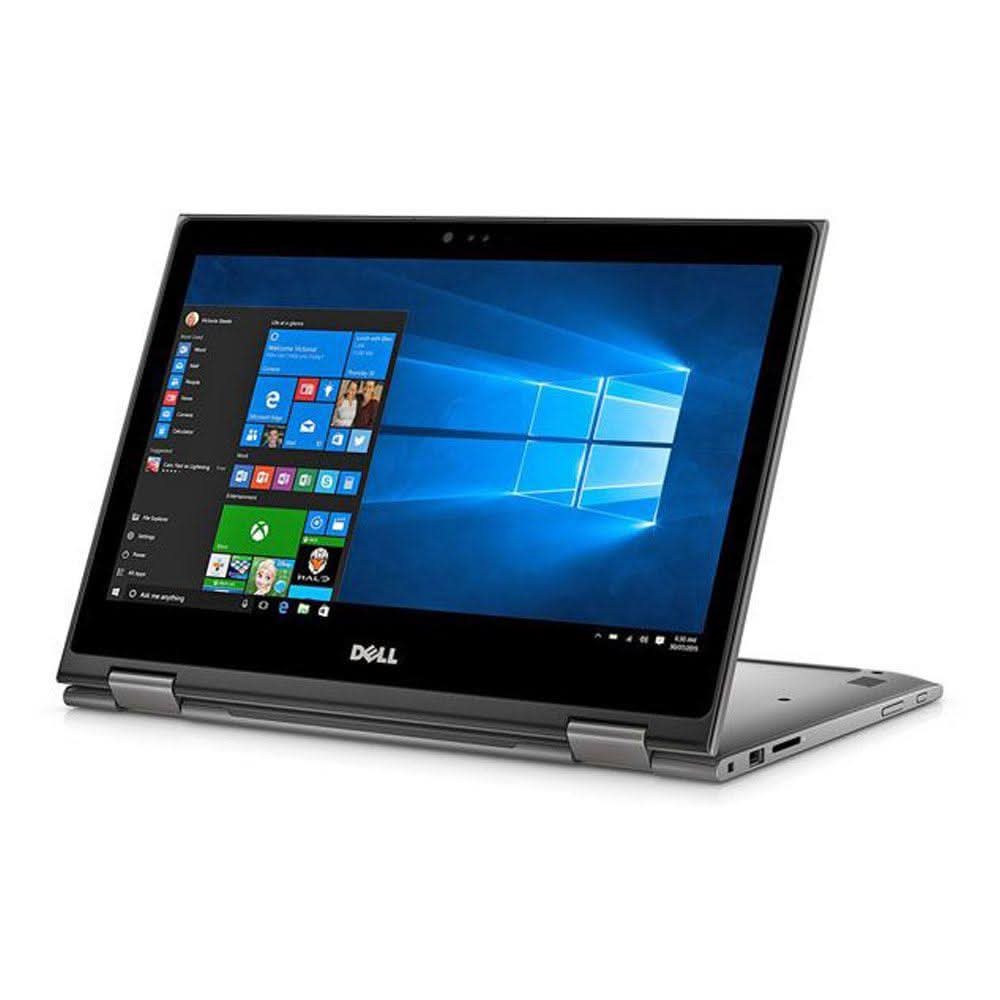Refurbished Dell touchscreen laptop in tent mode with Windows 10 display