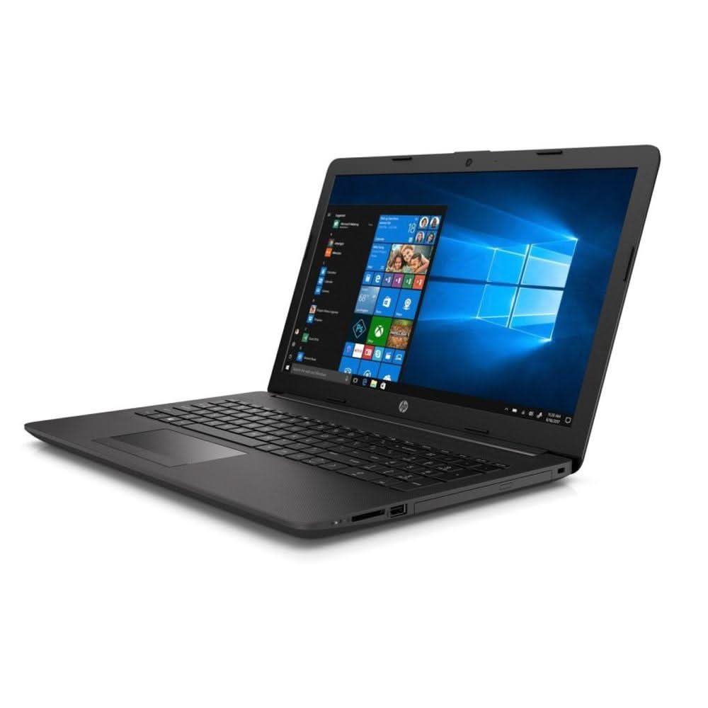 Refurbished HP laptop with Windows 10, open on a white background