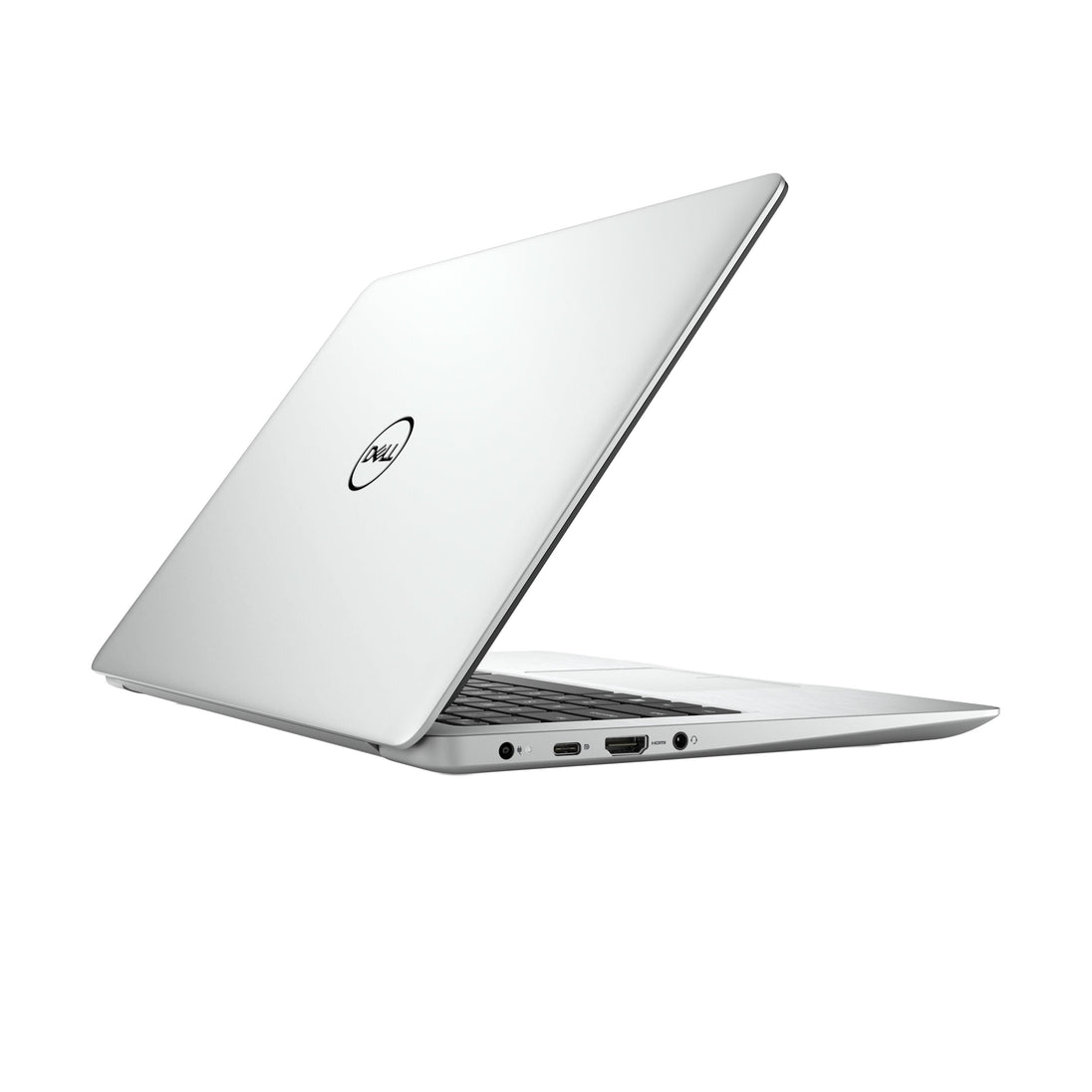 Refurbished silver Dell laptop partially open, showing side ports on a white background