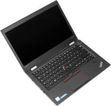 Open Lenovo ThinkPad laptop with black keyboard and blank screen, angled view