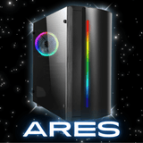 Black desktop PC with RGB lighting and 'ARES' text, starry background