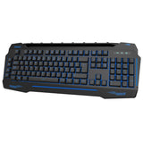 Black USB wired keyboard with blue backlight and full-size keys, angled design