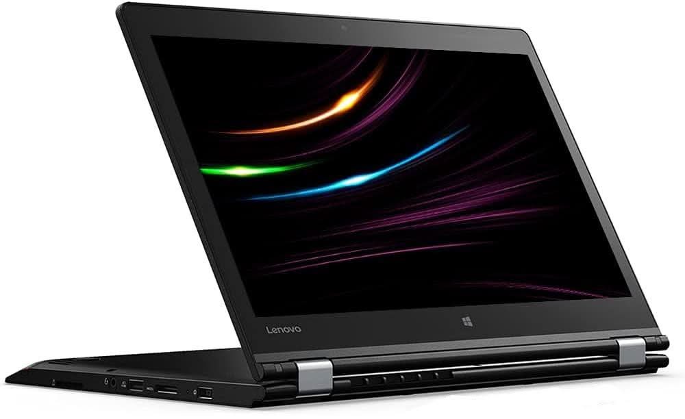 Refurbished Lenovo convertible laptop with black chassis and colorful display, side view