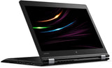 Refurbished Lenovo convertible laptop with black chassis and colorful display, side view