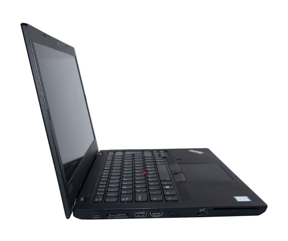 Refurbished black business laptop open at angle, showing keyboard and side ports on white background