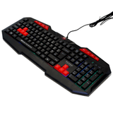 Wired gaming keyboard with black keys, red accents, and colorful backlighting