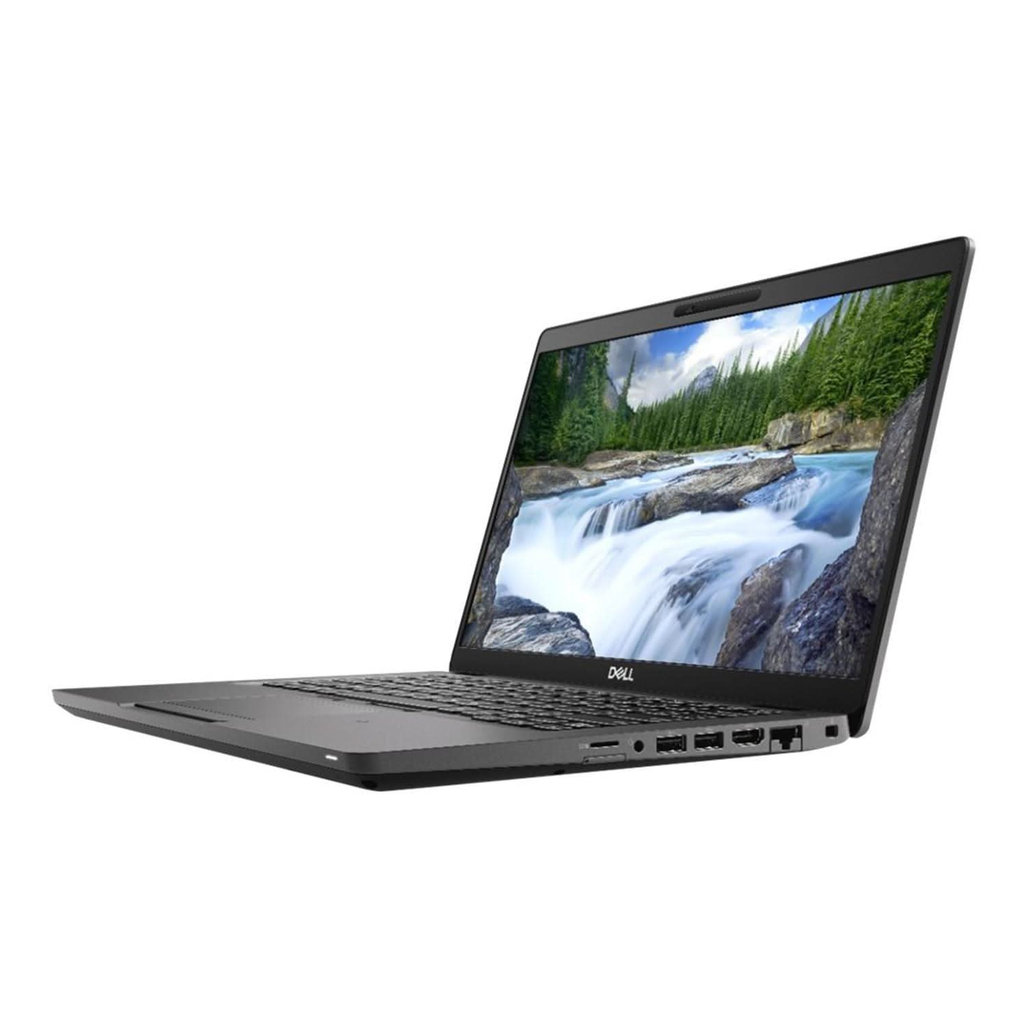 Refurbished Dell laptop with black keyboard, side ports, and nature screen on white background