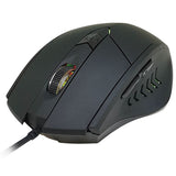 Black wired gaming mouse with side buttons and RGB lighting accents