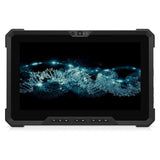 Rugged black tablet displaying a digital molecular structure on screen