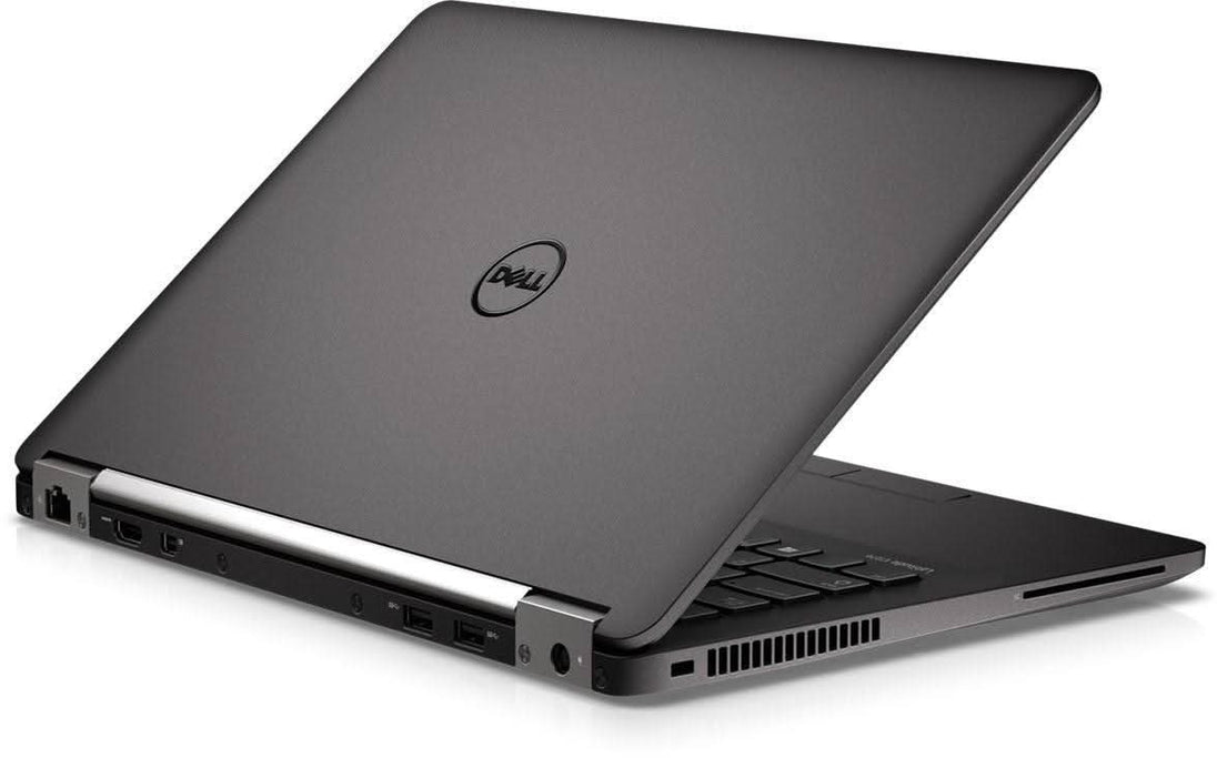 Refurbished Dell laptop in black, partially open, showing rear ports and logo