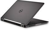 Refurbished Dell laptop in black, partially open, showing rear ports and logo