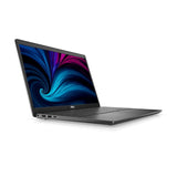 Dell laptop with colorful swirl display, open on a white background, side view
