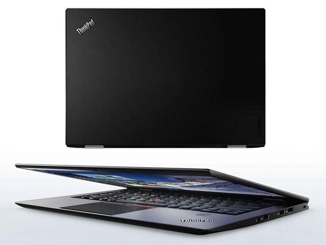 Lenovo ThinkPad black laptop partially open with visible ports and keyboard