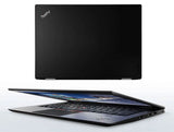 Lenovo ThinkPad black laptop partially open with visible ports and keyboard