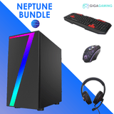 Gaming PC bundle with RGB desktop tower, keyboard, mouse, and headset on blue background