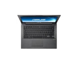 Refurbished ASUS laptop with black keyboard and open screen, viewed from above