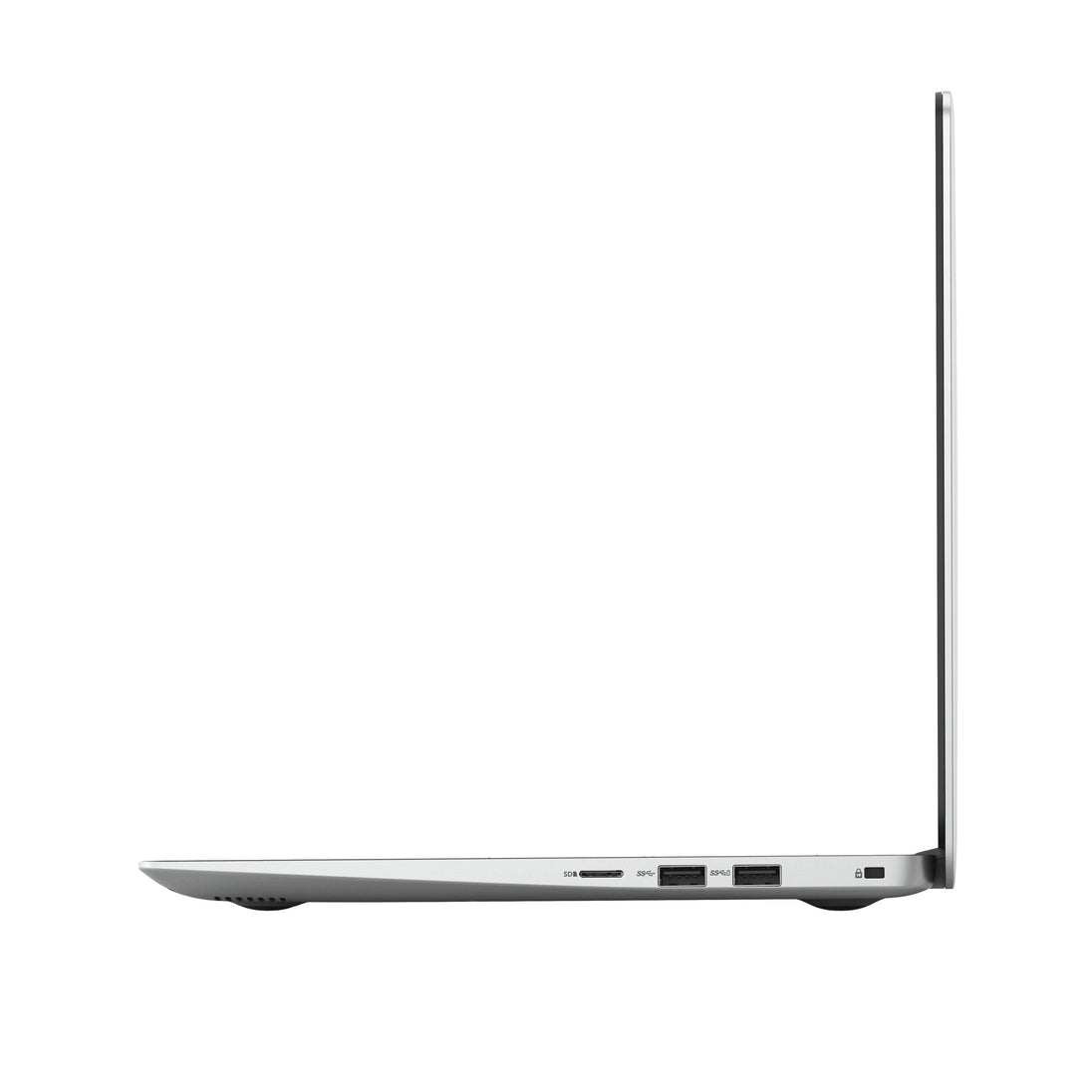 Slim silver laptop side view showing USB ports and SD card slot on white background