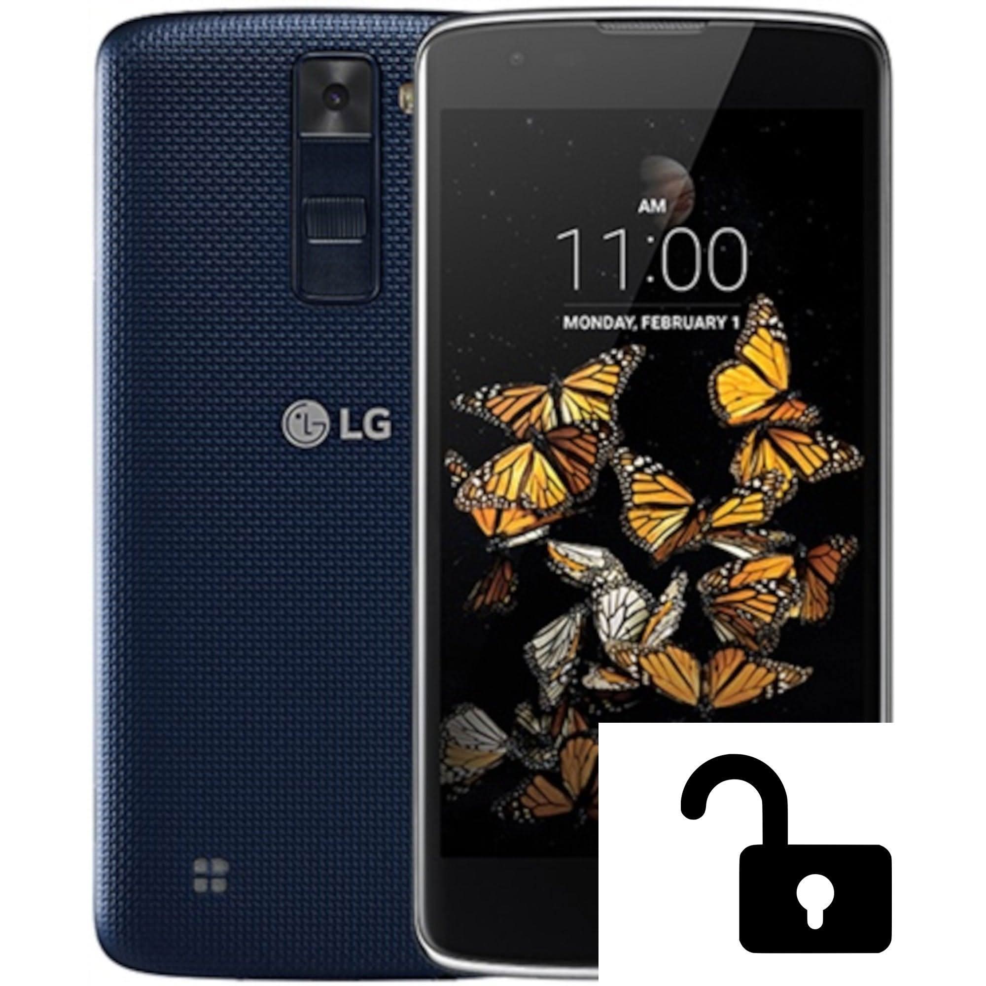Unlocked LG smartphone with butterfly wallpaper, textured blue back, affordable refurbished phone
