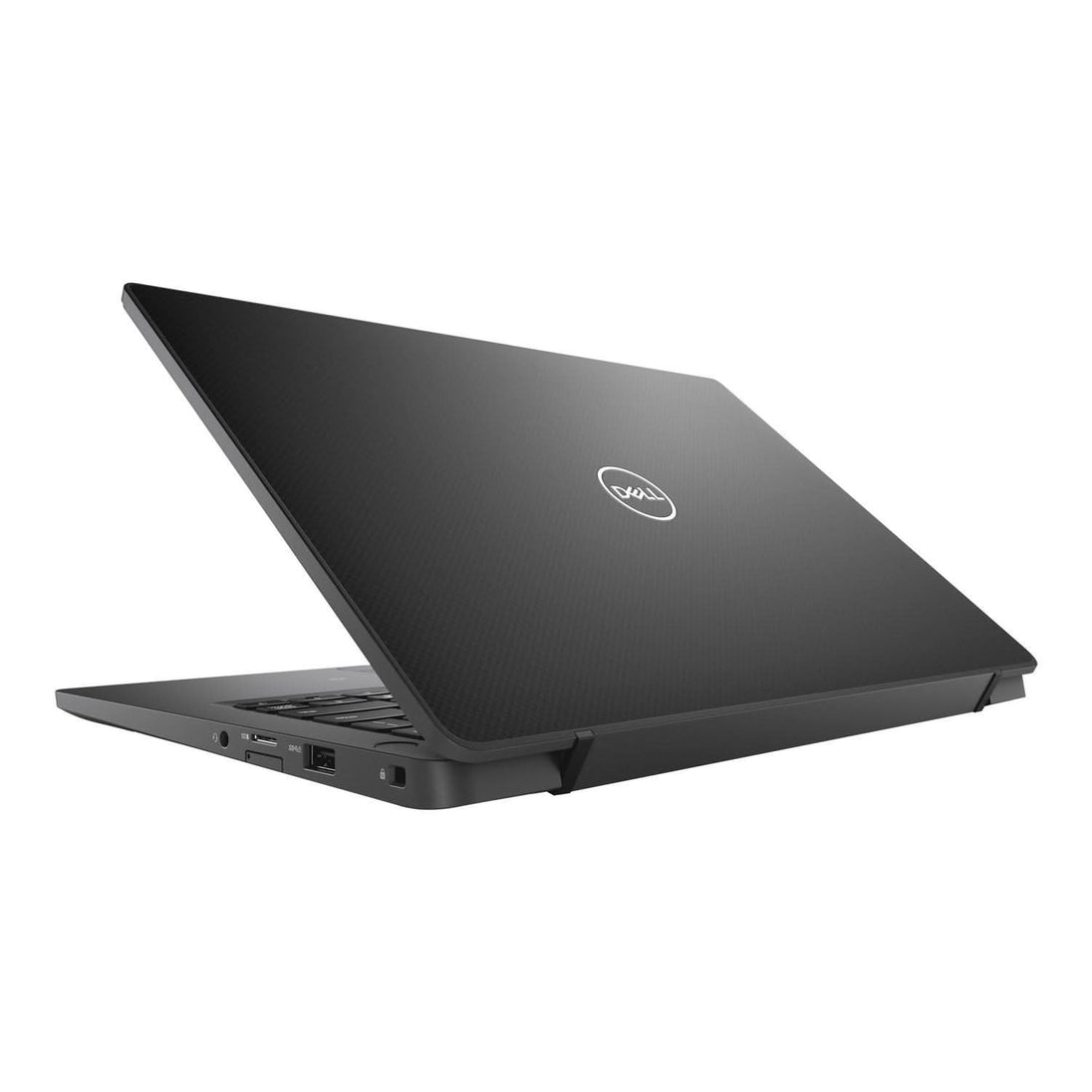 Refurbished Dell laptop partially open, black textured lid, side ports visible