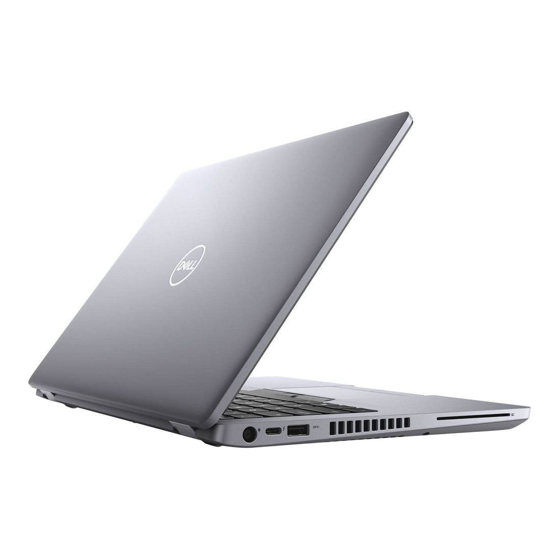 Refurbished silver Dell laptop partially open, showing side ports and sleek design