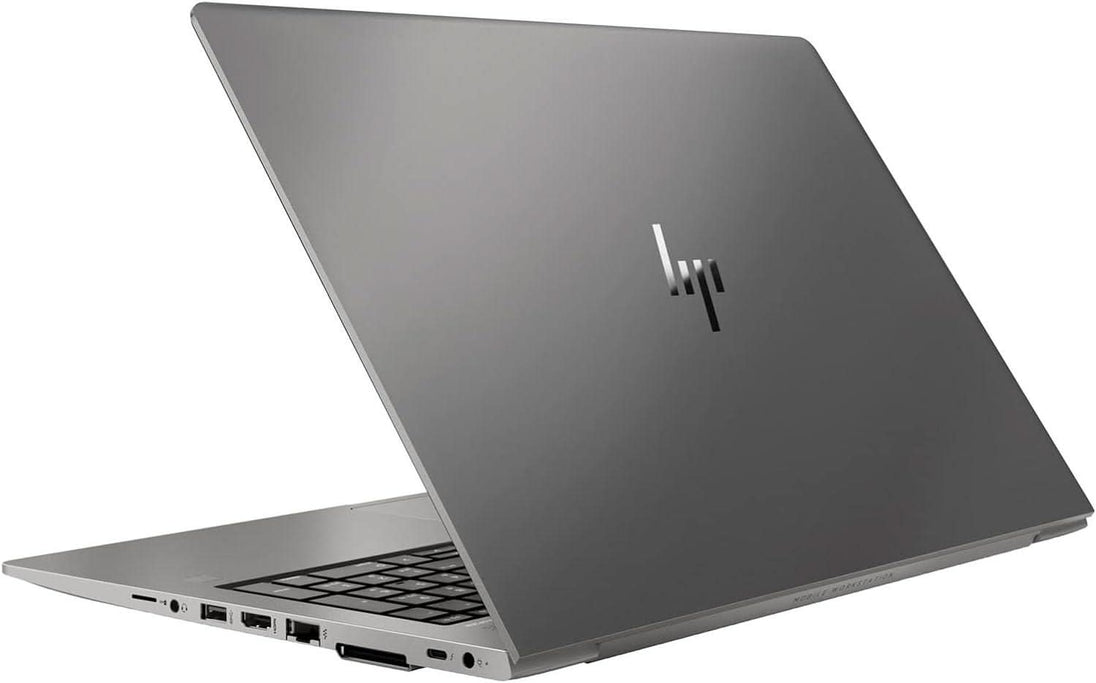 Sleek silver HP laptop with modern logo, partial side view, keyboard and ports visible