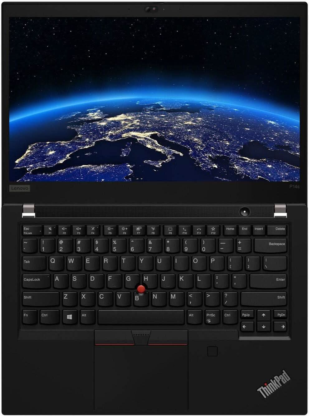Lenovo ThinkPad P14s laptop with illuminated Earth view on screen, UK keyboard visible