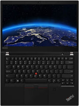Lenovo ThinkPad P14s laptop with illuminated Earth view on screen, UK keyboard visible
