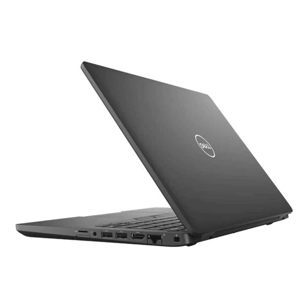 Refurbished Dell laptop in black, angled open, showing ports and partial keyboard