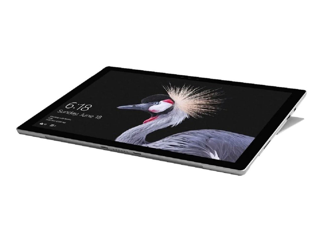 Refurbished tablet computer with a bird wallpaper on screen, angled on a white background