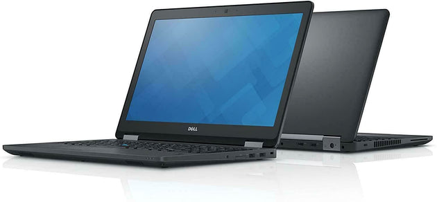 Two refurbished Dell business laptops on a white surface, one open, one closed