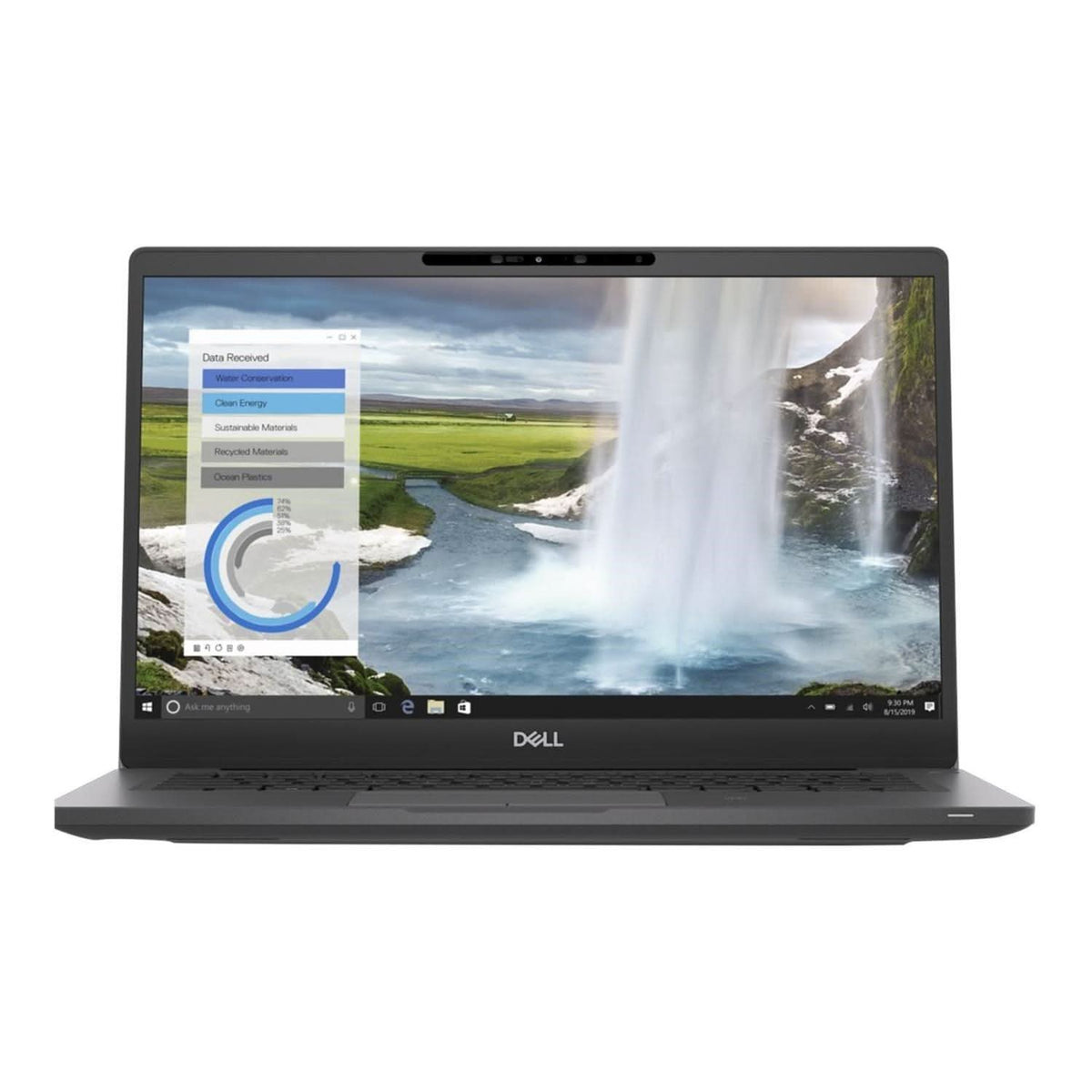 Dell laptop displaying waterfall wallpaper and data chart on screen, refurbished tech